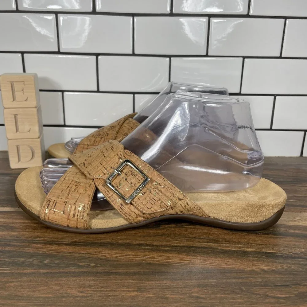 Vionic Dorie Women's Size 8 Shoes Beige Gold Cork Print Criss Cross Strap Sandal